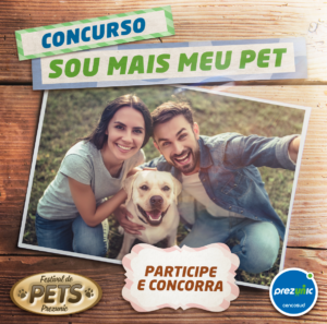 Cão feliz com seus donos ao ar livre, promovendo o concurso "Sou Mais Meu Pet" do Prezunic, incentivando a participação e o cuidado com os animais de estimação.