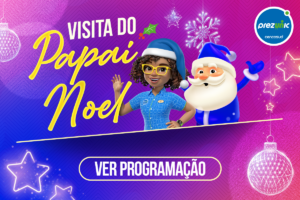 Papai Noel e personagem feminina com óculos, vestindo roupas natalinas, em ambiente festivo com elementos de Natal, promovendo visita natalina no Prezunic.