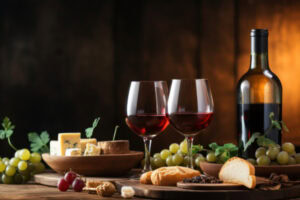 Duas taças de vinho tinto, garrafa do vinho e mesa com petiscos, como queijos e uvas.